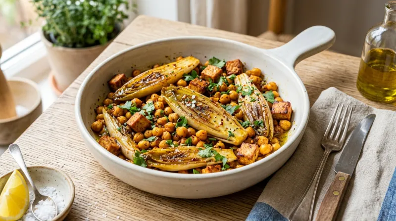 Poêlée d'endives dorées, pois chiches et tofu fumé dans un plat.