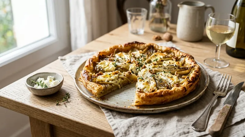 Tarte rustique dorée aux endives et chèvre frais sur table moderne.