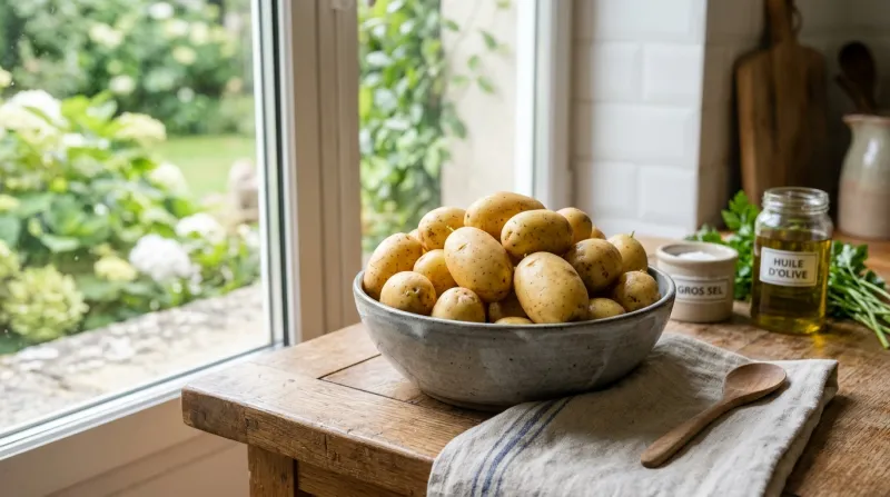 Pommes de terre nouvelles propres dans un bol moderne sous une lumière naturelle
