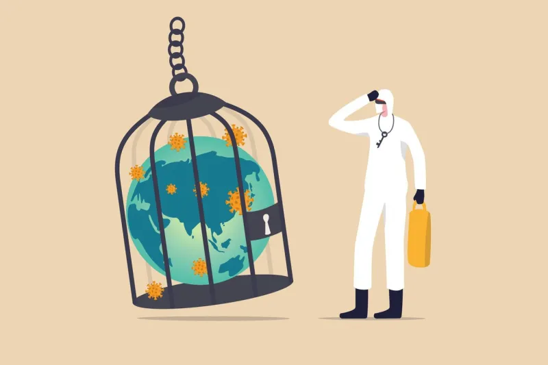 coronavirus covid-19 lockdown or quarantine, restricted access to country combat with covid-19 virus outbreak, medical worker full protective gear with key after locked sick earth planet in cage