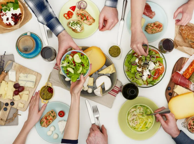 view from above the table of people eating