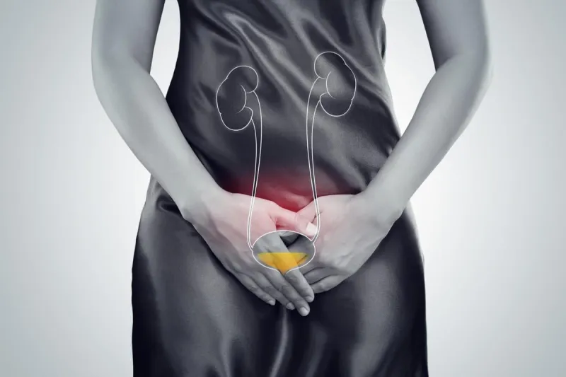 woman with hands holding pressing her crotch lower abdomen medical or gynecological problems, healthcare concept
