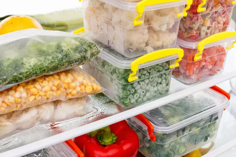 frozen food in the refrigerator vegetables on the freezer shelves stocks of meal for the winter