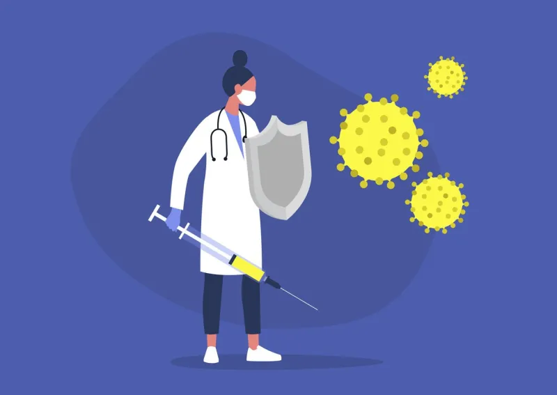 young female doctor fighting the virus with a sword and shield, healthcare, the immune system, vaccination