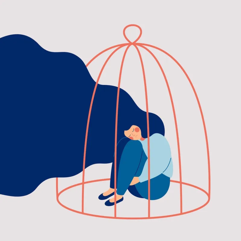 young sad woman locked in a cage concepts of restrictions on the ability of women in society human character illustration