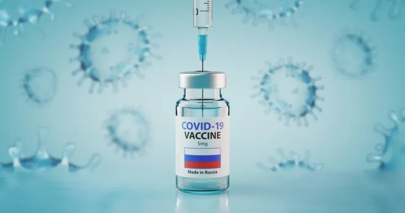 russian covid-19 coronavirus vaccine and syringe concept image