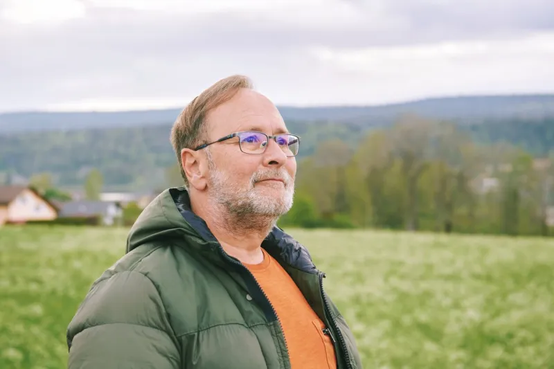 close up portrait of middle age man enjoying nice spring day outside