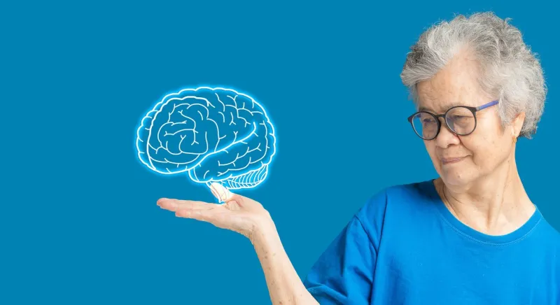 brain on the palm a senior woman dementia in people memory loss alzheimer's, parkinson's disease, stroke, seizure, mental health, etc aged people and healthcare concept