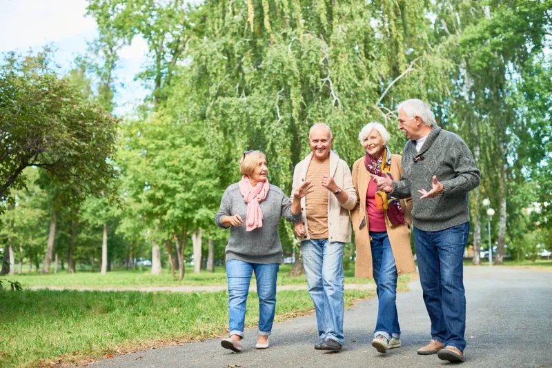 joyful group of senior friends wearing warm clothes walking along park alley and chatting animatedly with each other, picturesque view on background