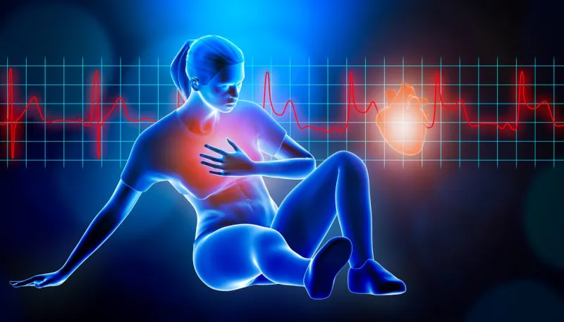 young athletic woman in sport suit laying on the ground suffering from a heart attack 3d rendering illustration stemi heart rate ekg in the background and copy space sport, medical and healthcare, myocardial infarction concepts