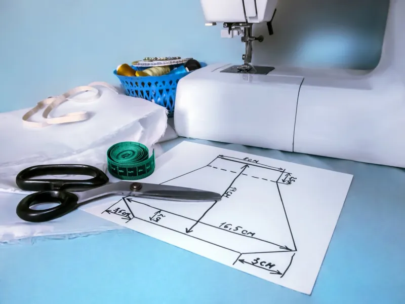 handmade sewing pattern of a face mask lies near the sewing machine and sewing accessories the concept home-made protection and medical mask shortages during the covid-19 coronavirus pandemic