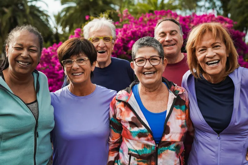 group of senior friends smiling on camera after yoga lesson at city park