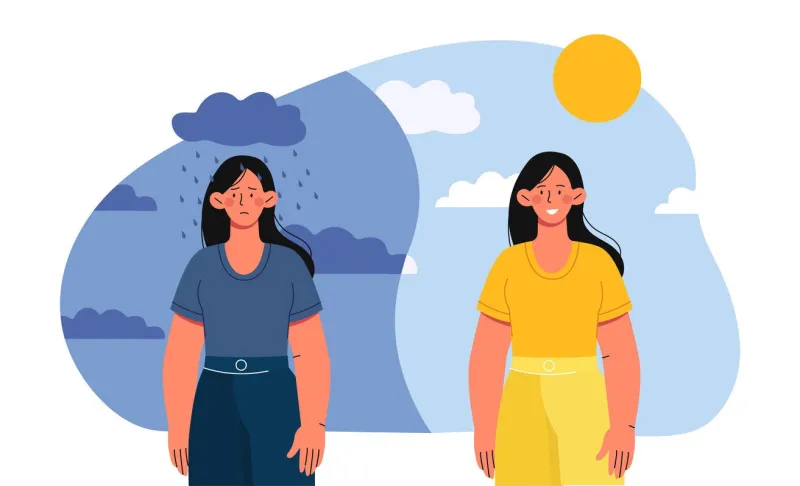 sad and happy mood concept two woman wih sunny and rainy weather happiness and positive versus depression and frustration cartoon flat vector illustration isolated on white background