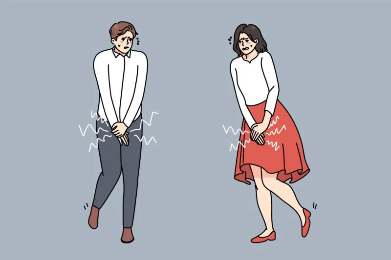stressed man and woman feel sick want pee anxious guy and girl with full bladder need toilet stress and desperation healthcare or health problem concept flat vector illustration
