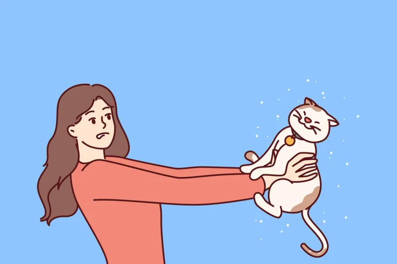woman is allergic to kitten and flying fur from pet and needs to take allergen suppressant pill or consult allergist doctor girl suffering from allergic reaction to cats looks at cute pet with fear