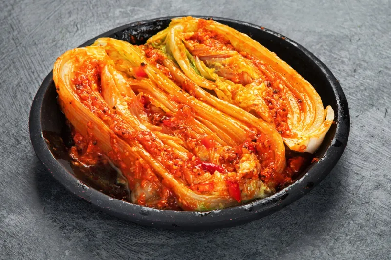 kimchi cabbage on gray background traditional korean food copy space