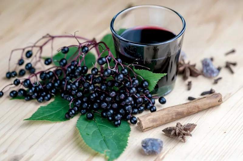 glass of fresh elderberry syrup with cinnamon stick, brown sugar, star anise and elderberries on a wooden kitchen counter