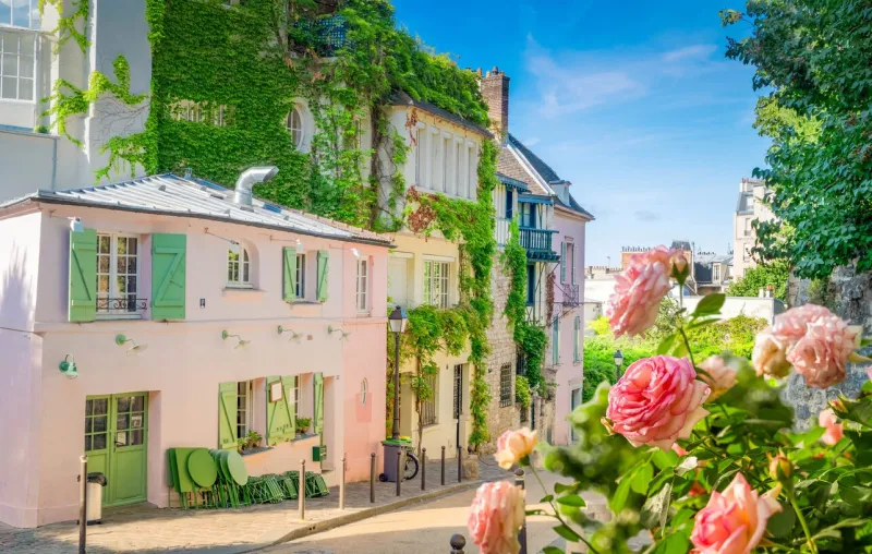 view of cosy street in quarter montmartre in paris, france cozy cityscape of paris at summer with rose flowers architecture and landmarks of paris