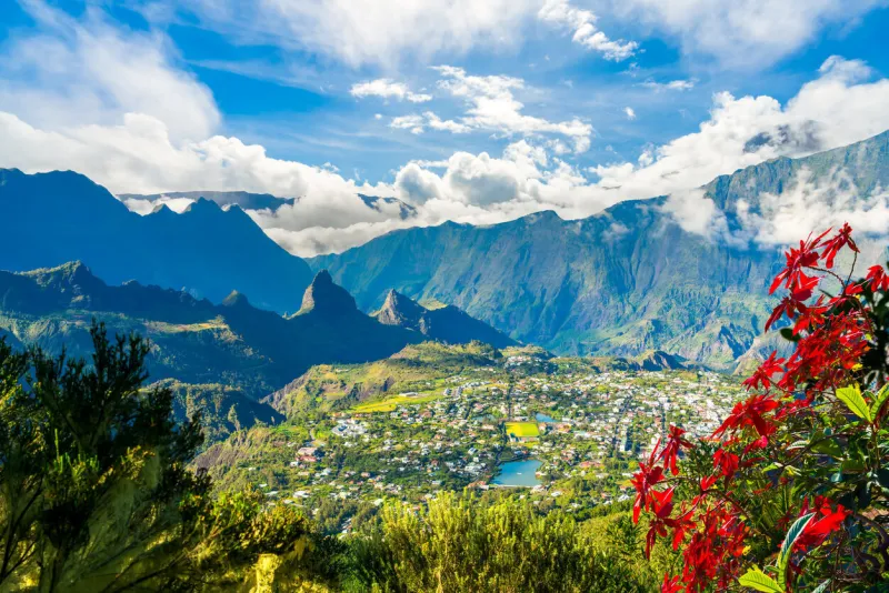 landscape with cilaos village in cirque de cilaos, la reunion island
