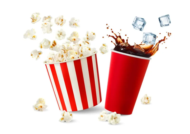 movie cinema popcorn bucket and cola drink cup with splash, realistic vector background pop corn snack and soda beverage in red cup with ice cubes splash and flying popcorn from bucket