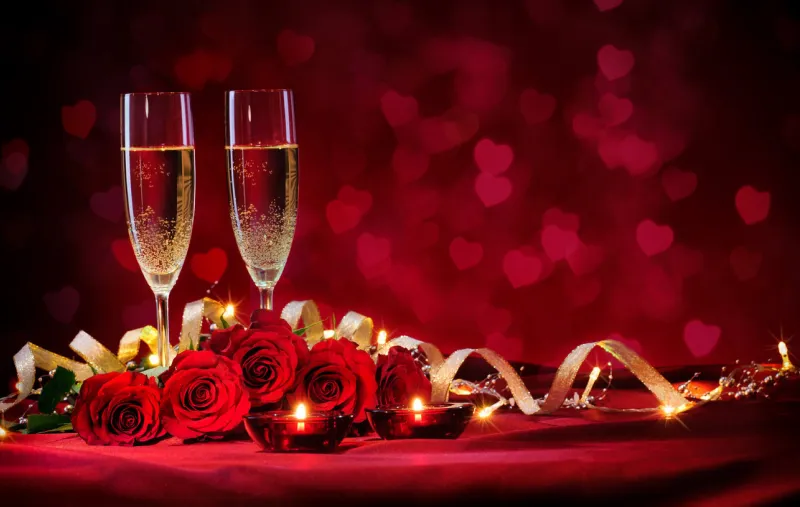 valentines day background with champagne and roses