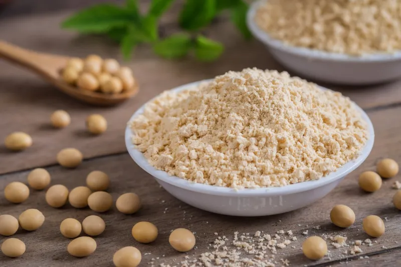 soy flour in bowl and soybean
