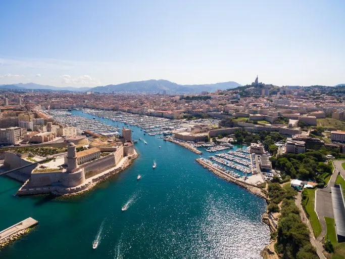 aerial view of marseille pier - vieux port, saint jean castle, and mucem in south of france