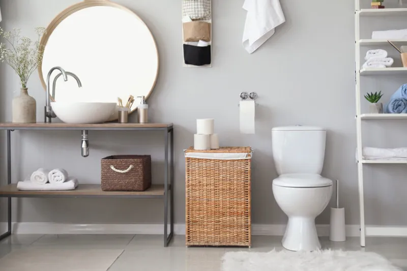 stylish interior of modern bathroom with toilet bowl