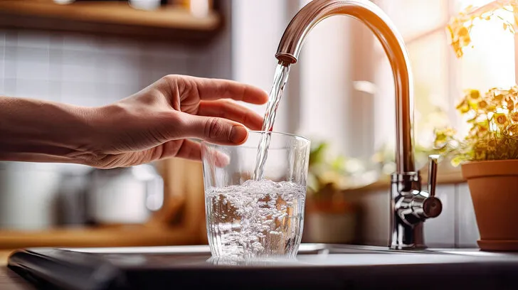 a human hand holds a glass cup under a kitchen tap, collecting clean and potable water illustrates the kitchen as a source of safe drinking water illustration created by generative ai