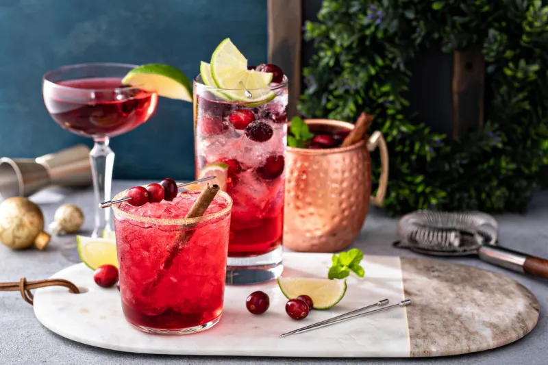 festive and refreshing christmas cocktails with cranberry and lime, variety of drinks