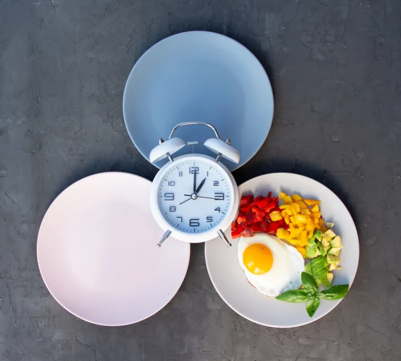intermittent fasting concept with empty colorful plates time to lose weight , eating control or time to diet concept