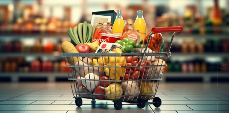 background illustration lifestyle buy basket commerce shop buying fresh red food delivery store online market shelf grocery supermarket retail shopping generative ai