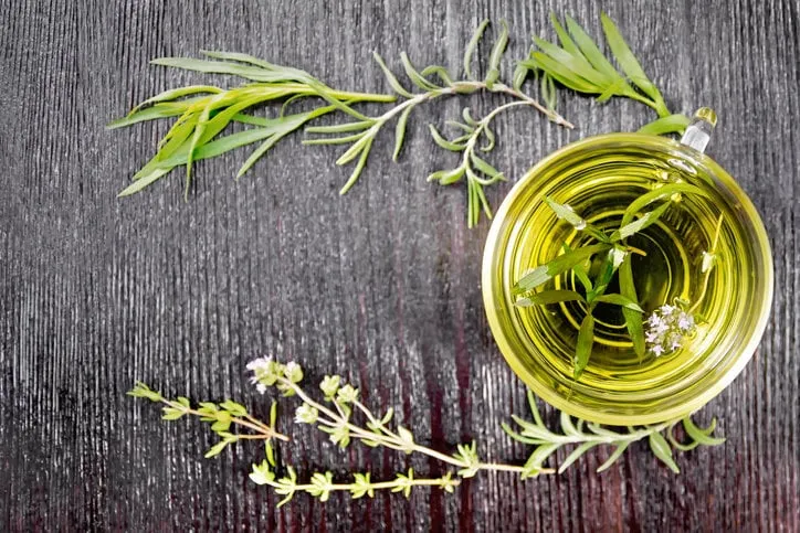 frame with herbal tea in a glass cup, sprigs of tarragon, rosemary and thyme on wooden board background from above