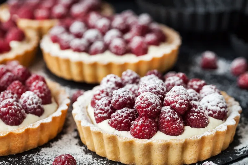 delicious raspberry mini tarts (tartlets) with whipped cream on dark background