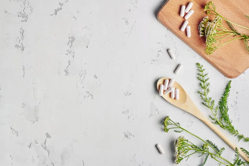 herbal remedy in capsules and plants over grey background top view, flat lay with copy space