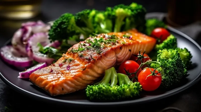 grilled salmon fish fillet and fresh green leafy vegetable salad with tomatoes, red onion and broccoli