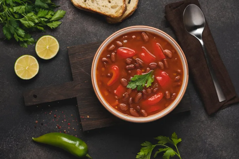beans stew with vegetables seasonal comfortable one pot food on dark brown slate background