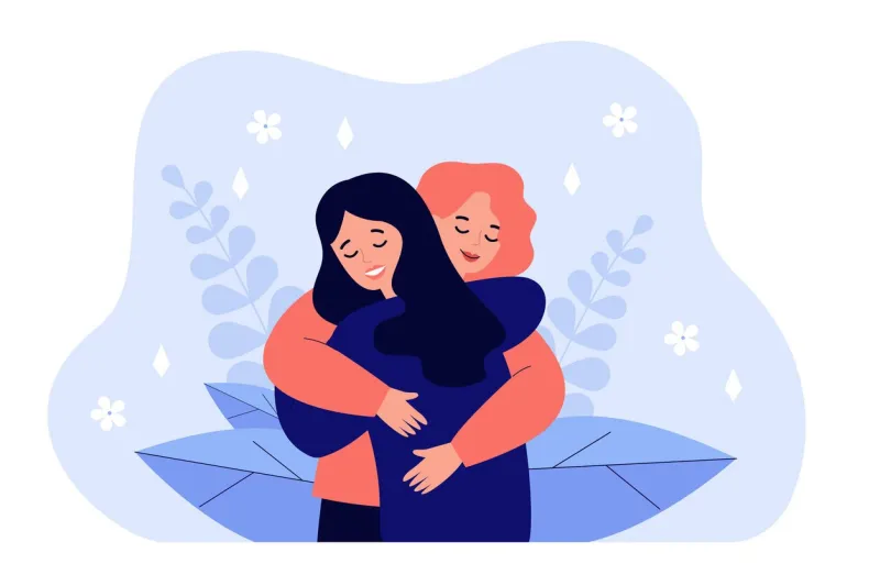 female friend hug women embracing each other, expressing love, affection, support vector illustration for friendship, strong relations, support concept