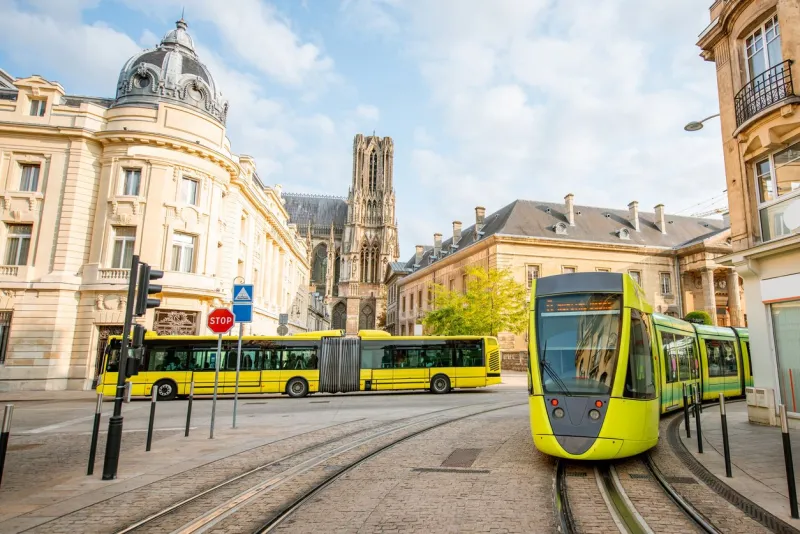 street view with puplic transport in reims in champagne-ardenne region of france
