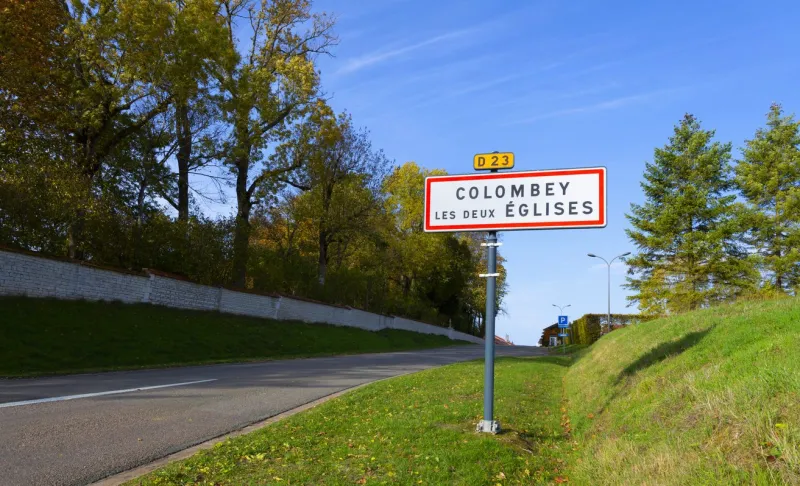 colombey-les-deux-Églises, france, october 21, 2020  traffic sign with the name of this village in this village in the haute-marne department in colombey-les-deux-Églises the former france president charles de gaulle lived, died and buried is
