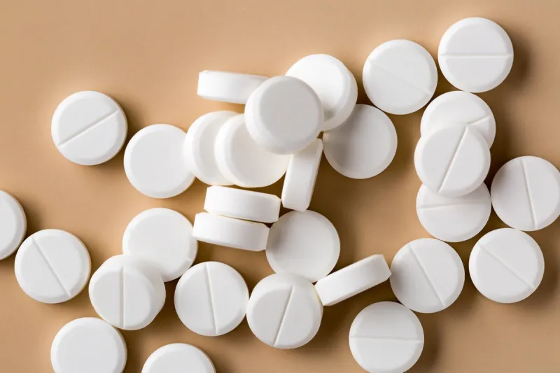 heap of round white pills pn beige background