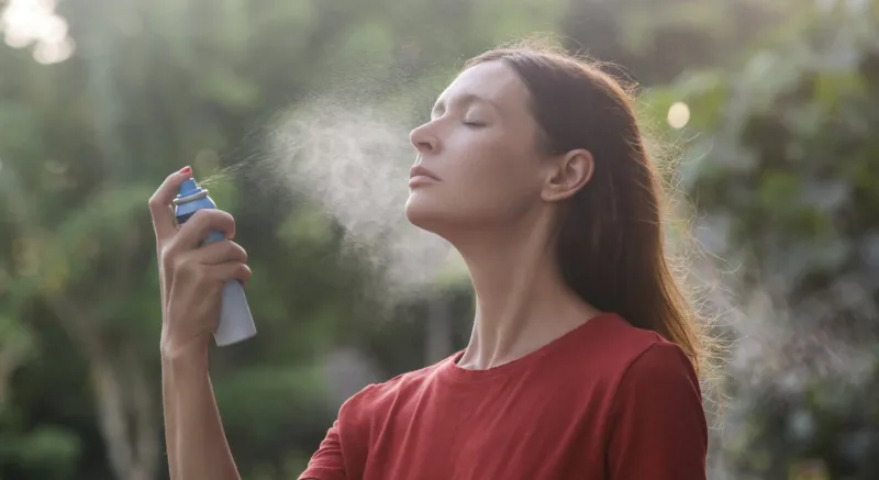 woman spraying facial mist on her face, summertime skincare concept
