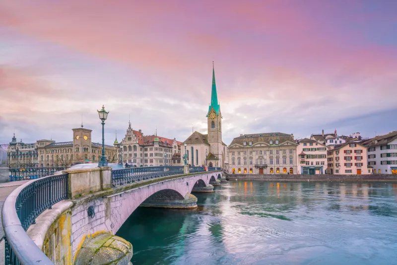 cityscape of downtown zurich in switzerland during dramatic sunset