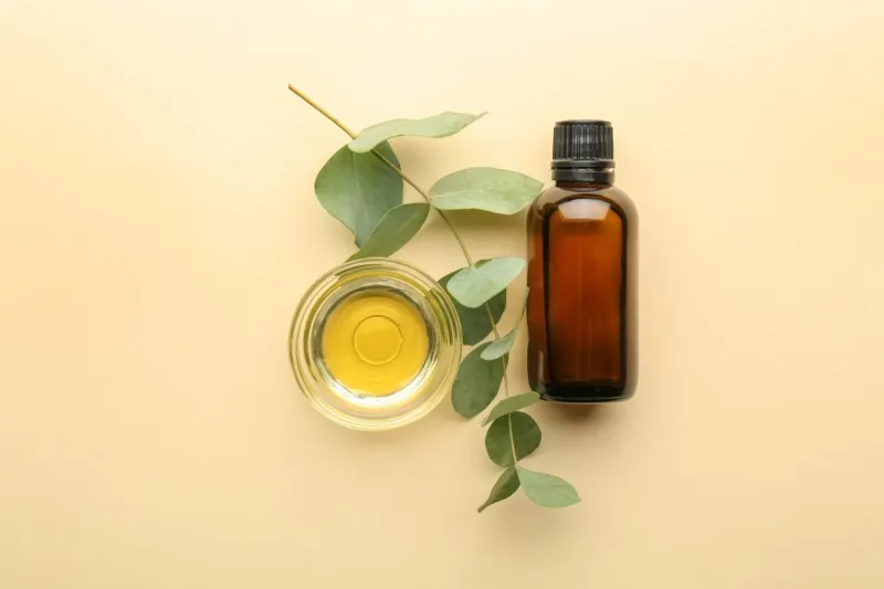 bottle and bowl with eucalyptus essential oil on color background