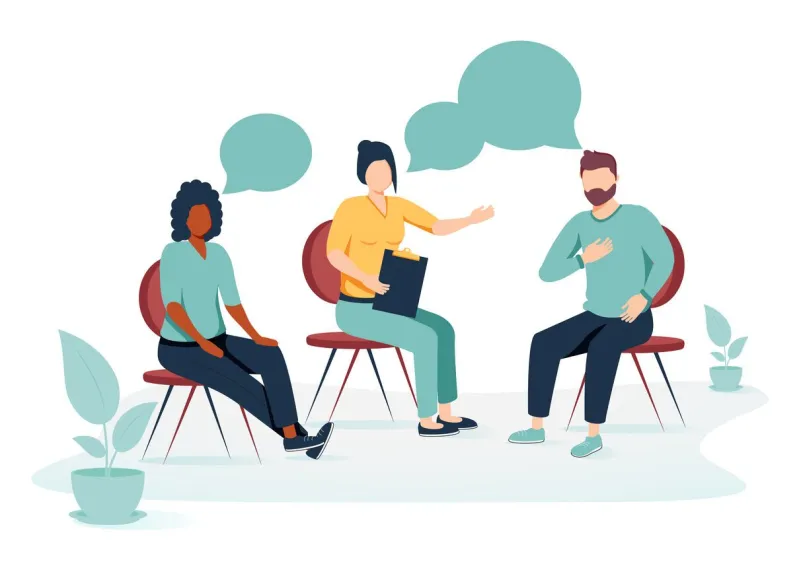 people suffering from problems, attending psychological support meeting patients sitting in circle, talking vector illustration for group therapy, counseling, psychology, help, conversation concept