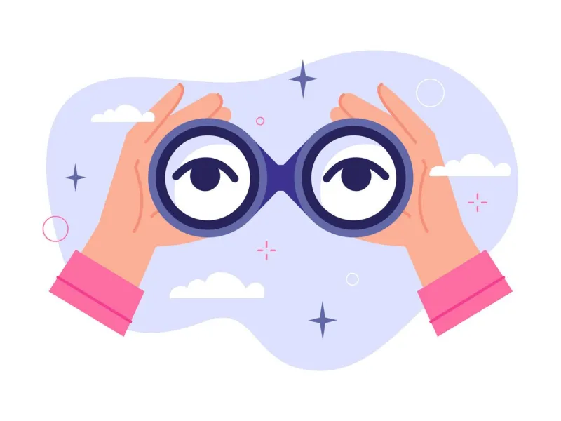 focused binocular in hands explorer eye in binoculars focus lens look to future, distance observing discovery search business vision concept, view tool cartoon vector illustration