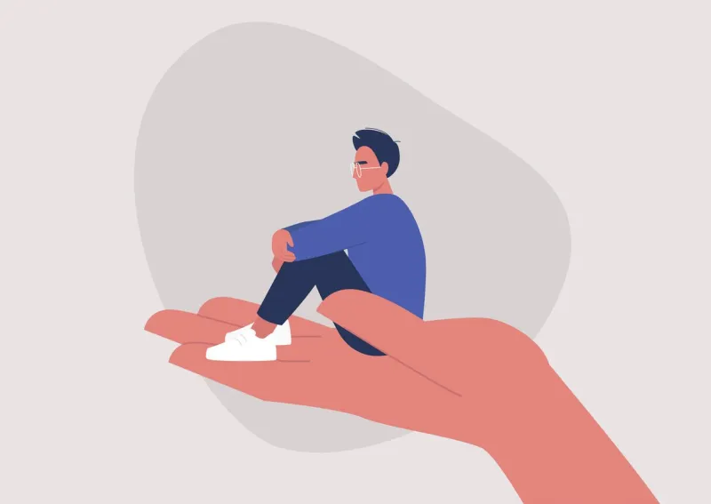 a young male character sitting on a hand palm, psychotherapy, help and support, a counseling session