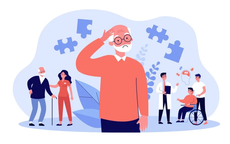 alzheimer patients concept people suffering from brain disease and memory loss, getting medical help vector illustration for neurology therapy, mental illness risk topics