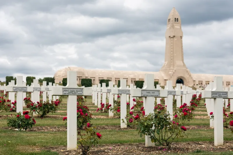 verdun, france - august 19, 2016  douaumont ossuary and cemetery for first world war one soldiers who died at battle of verdun