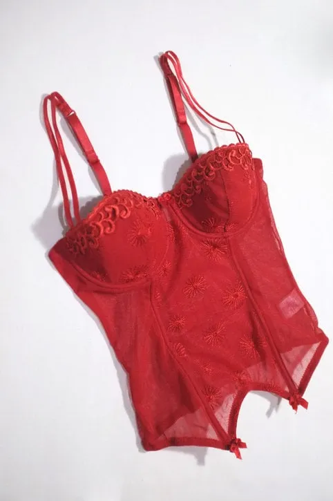 woman corset in red color on white background fashion trendy lace lingerie beautiful clothing women's underwear top view, flat lay female wardrobe, shopping concept